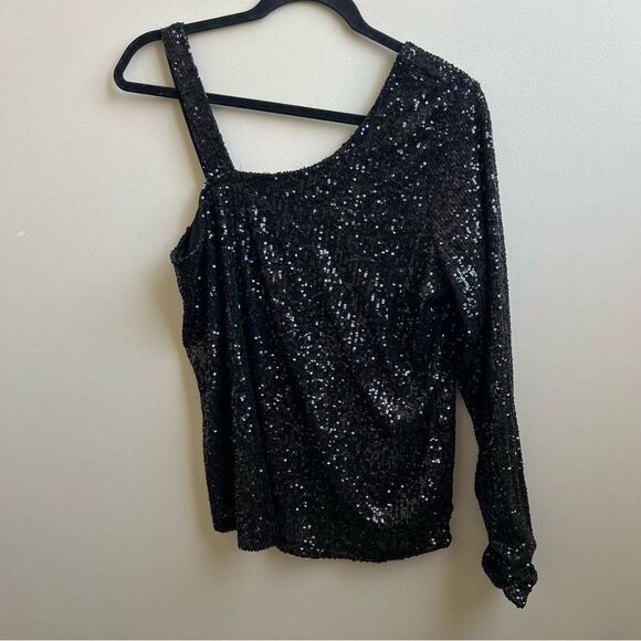 NWT Cable & Gauge Formal Sequin One Shoulder Top Black Blouse Women's Size XL - Picture 1 of 5